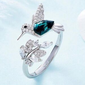 Elegant Silver and Green Hummingbird Ring, Cubic Zirconia Hummingbird Ring